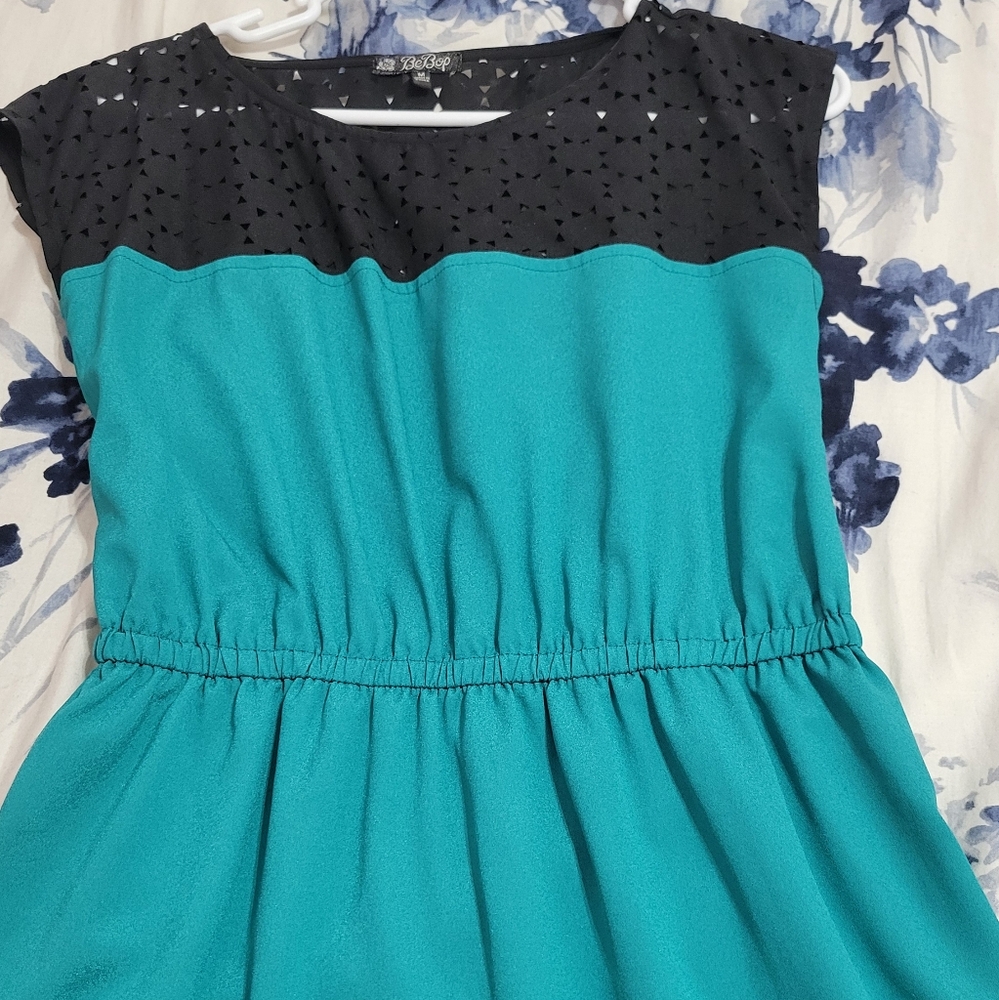 Teal and Black Dress with Eyelet Detail